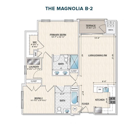 Floor plan for 2 beds, 2 baths, 1113 sqft
